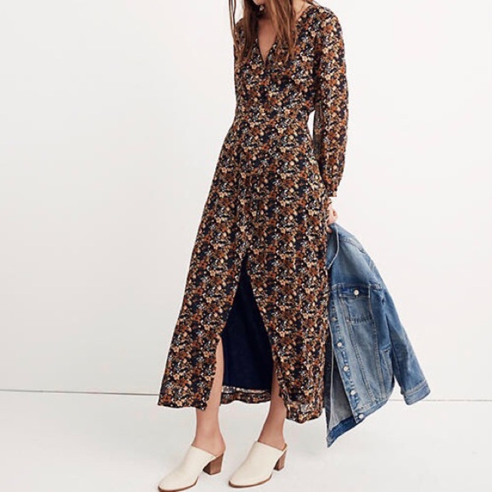 Madewell Black Floral Maxi Dress with Brown and Cream Accents